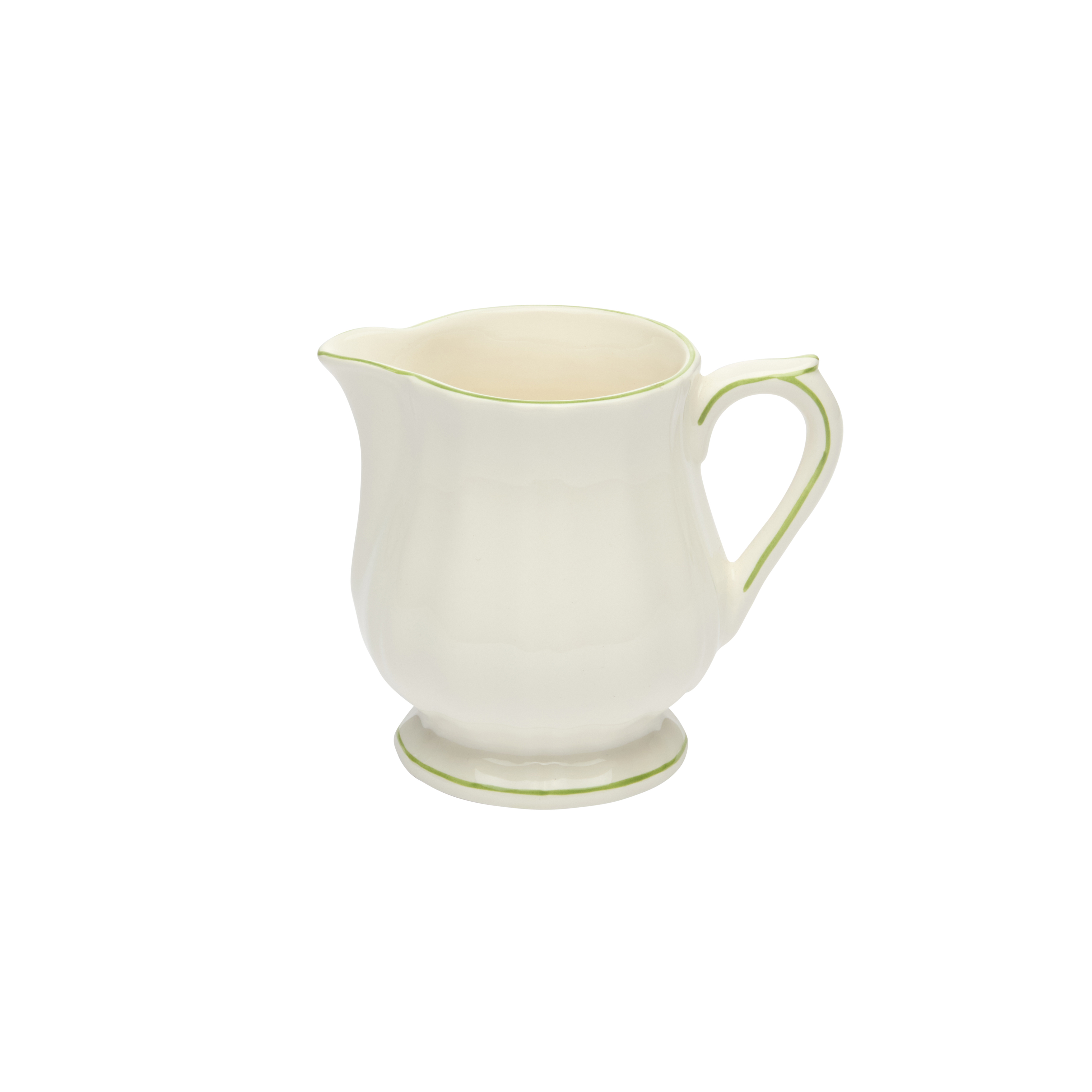 White ceramic creamer with green accents on a white background