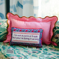 Nina Campbell Needlepoint Cushion Control Freak against a pink pillow and green couch