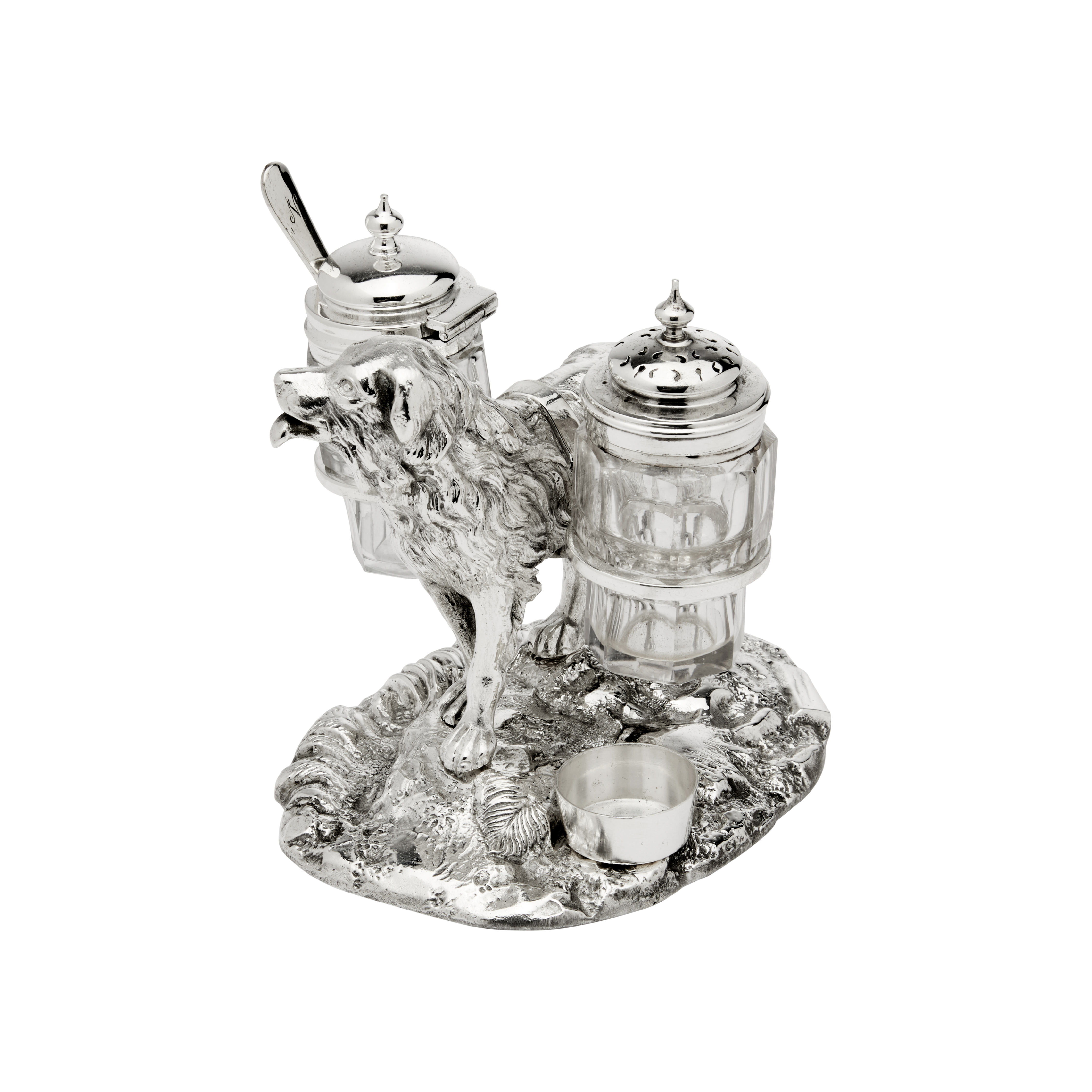 Antique Dog with Small Bowl Cruet Silver Plated