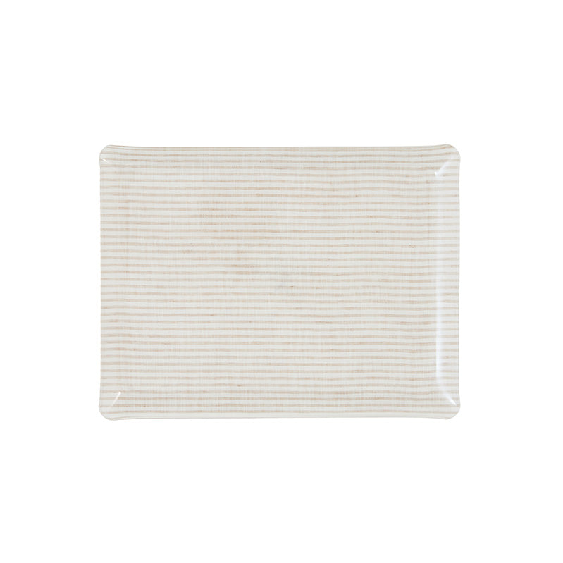 Nina Campbell Fabric Tray Medium Stripe Beige and White against a white background