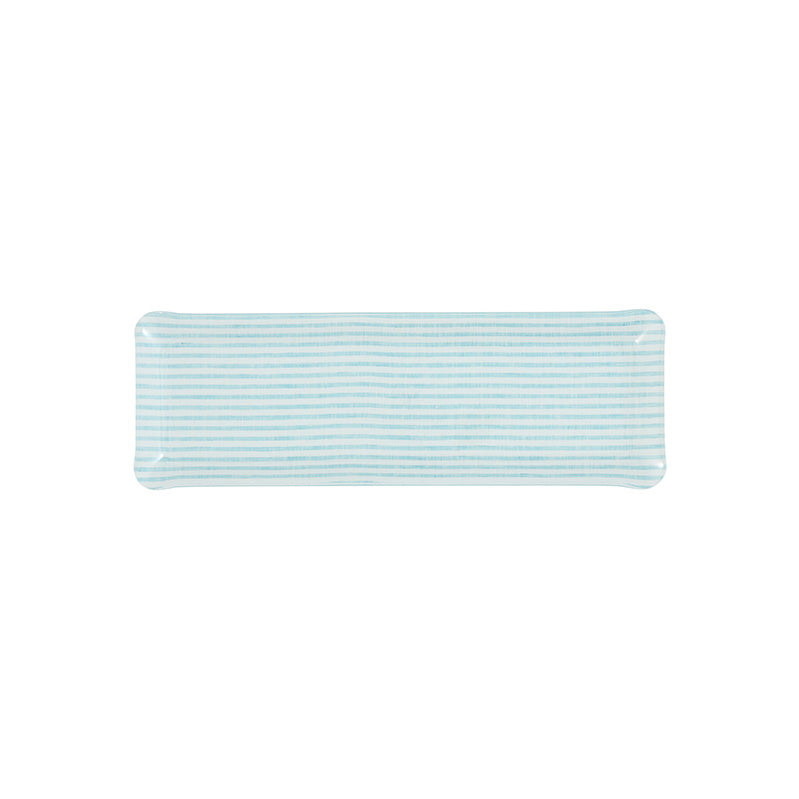 Nina Campbell Fabric Tray Oblong Stripe Aqua and White against a white background