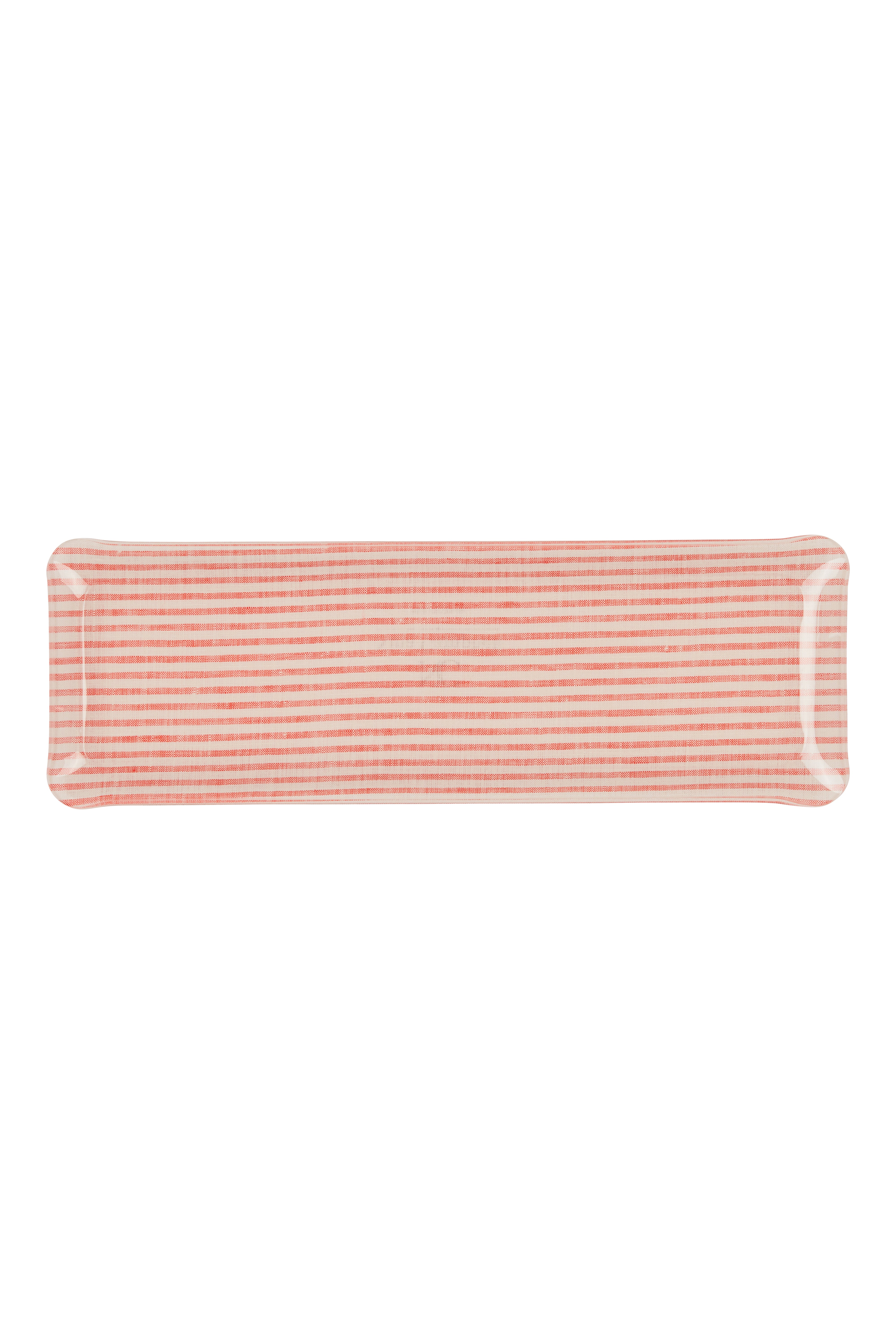 Nina Campbell Fabric Tray Oblong Stripe Coral and White against a white background