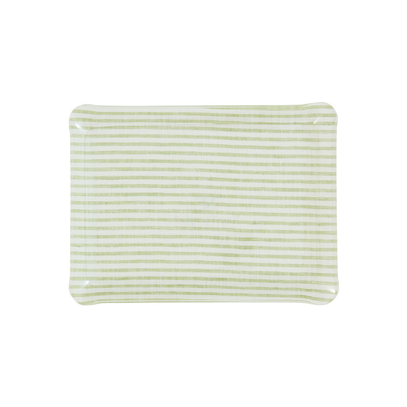 Nina Campbell Fabric Tray Small Stripe Green and White against a white background
