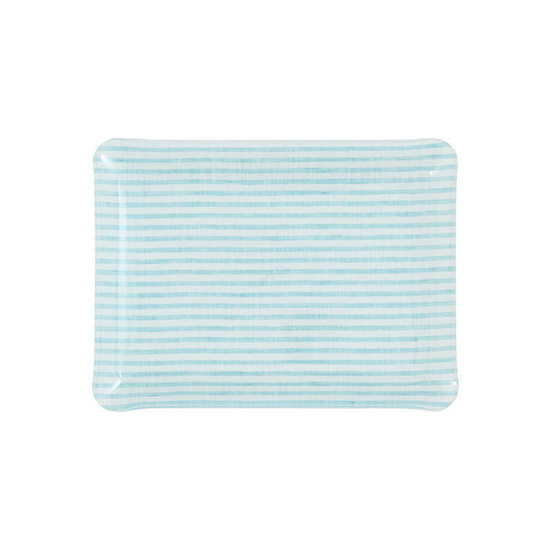 Nina Campbell Fabric Tray Small Stripe Aqua and White against a white background