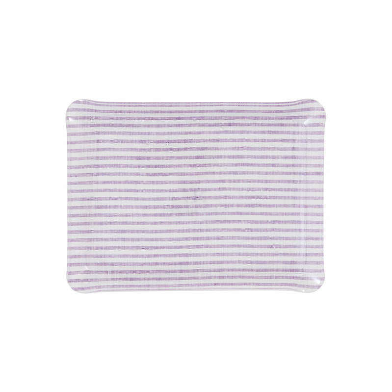 Nina Campbell Fabric Tray Small Stripe Amethyst and White against a white background
