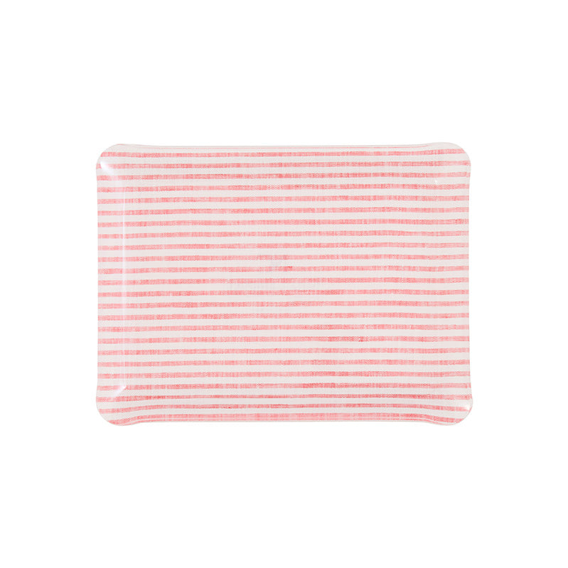 Nina Campbell Fabric Tray Small Stripe Coral and White against a white background