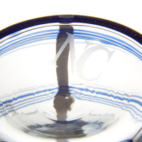 Nina Campbell Small Tumbler White/Blue Stripe against a white background close up labeling