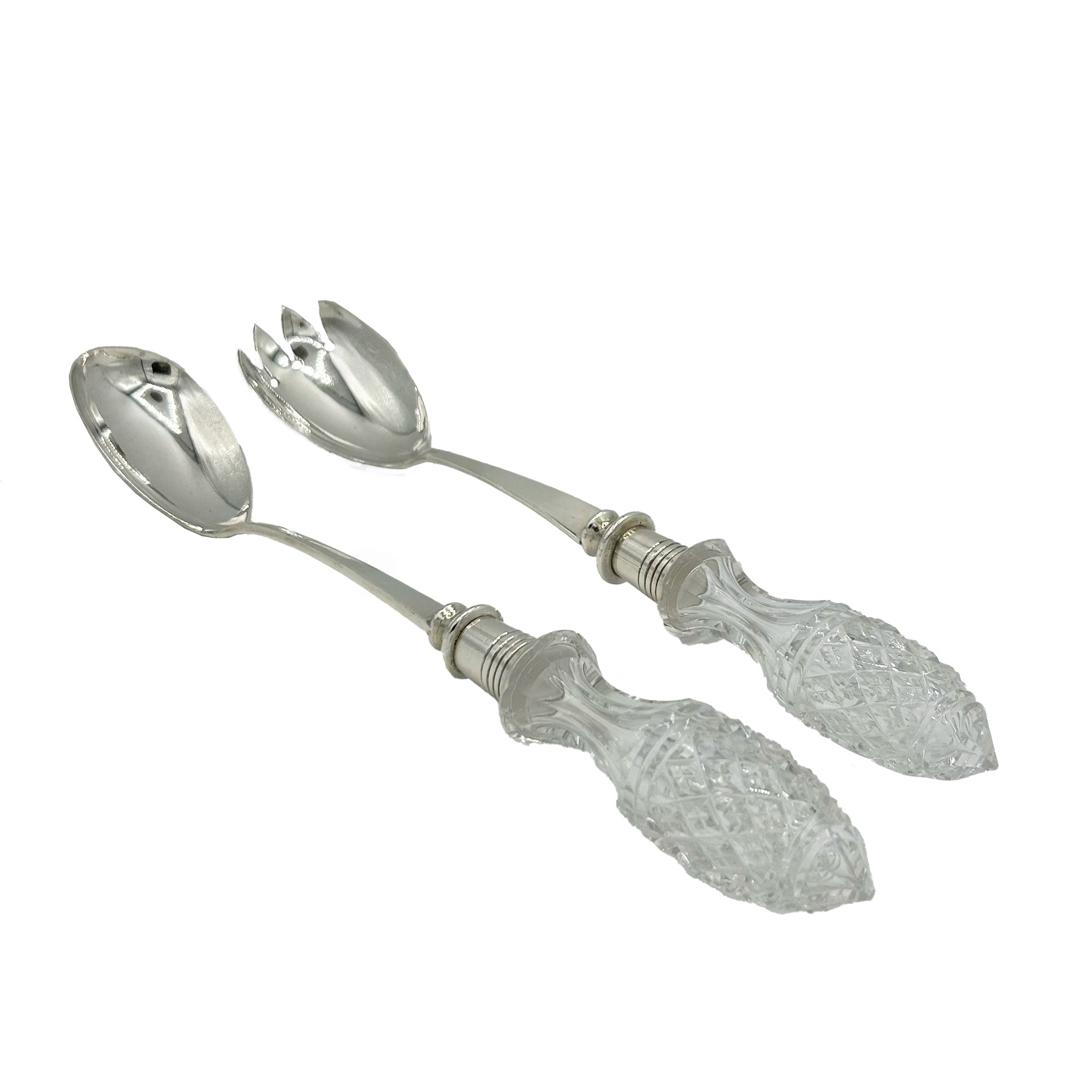 Antique Pair Silver Plated + Glass Salad Servers c.1910