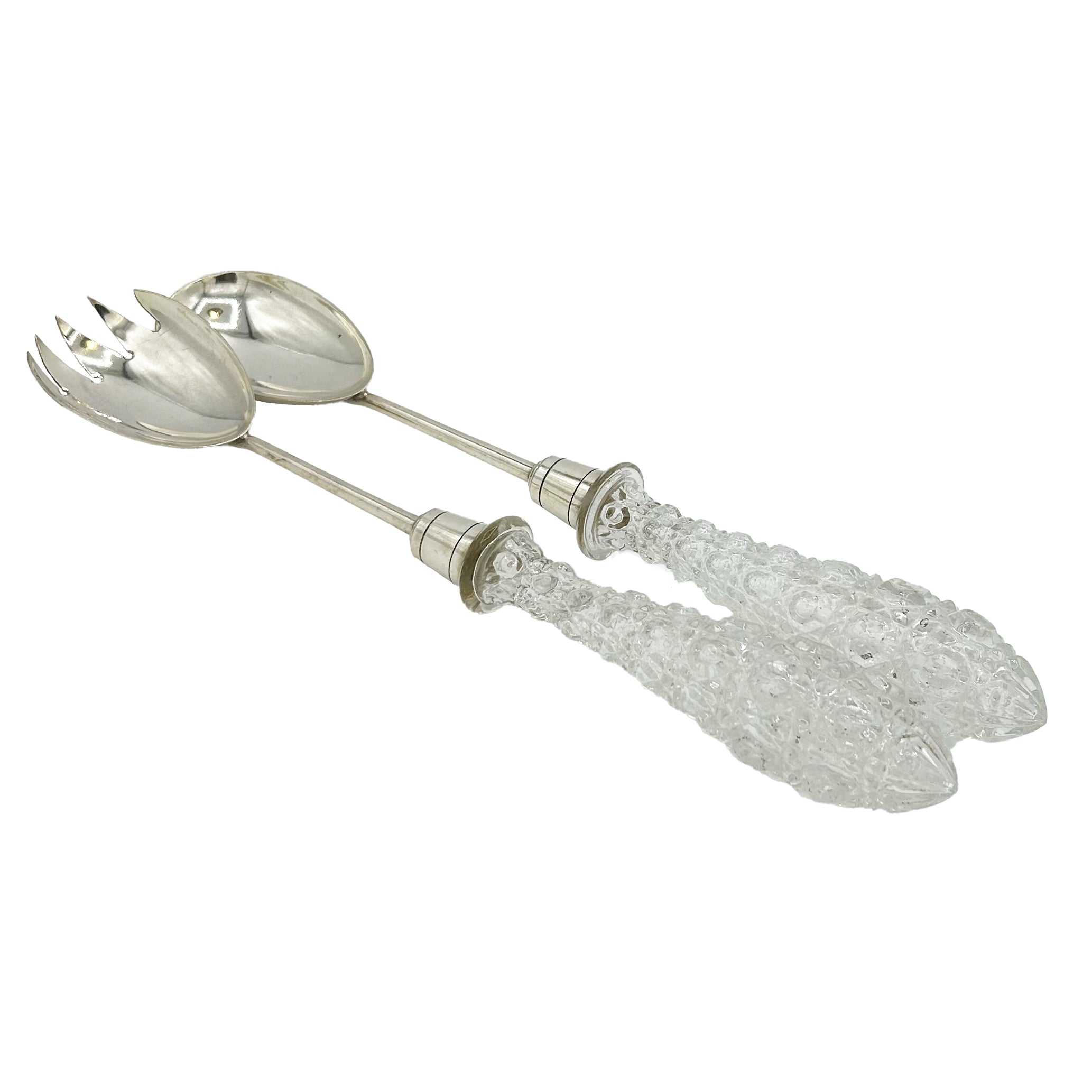 Antique Pair Silver Plated + Glass Salad Servers c. 1910