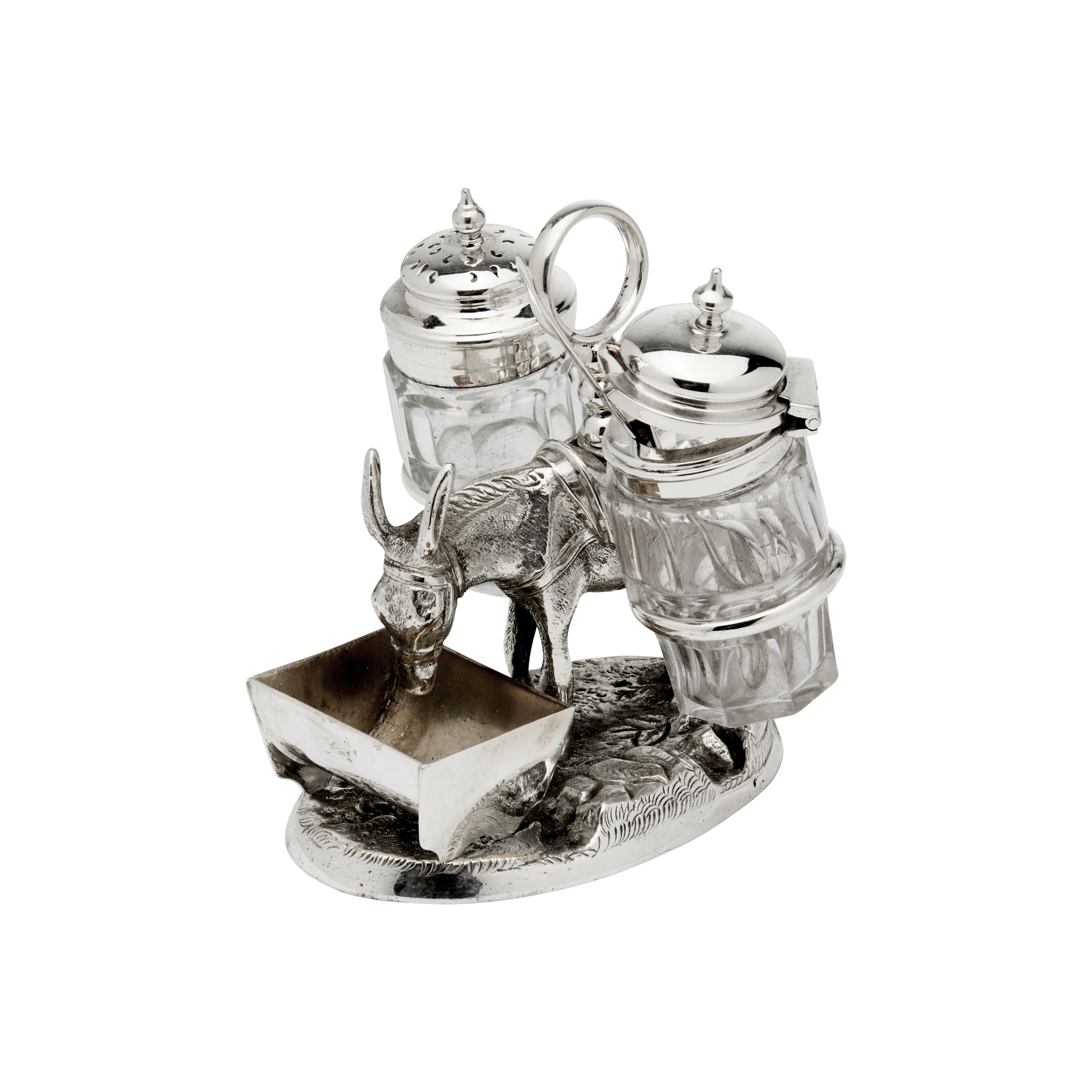 Antique Donkey with Basket Cruet Silver Plated Etched Glass