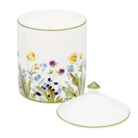 Nina Campbell Halcyon Days Lidded Candle with painted wildflowers against a white background