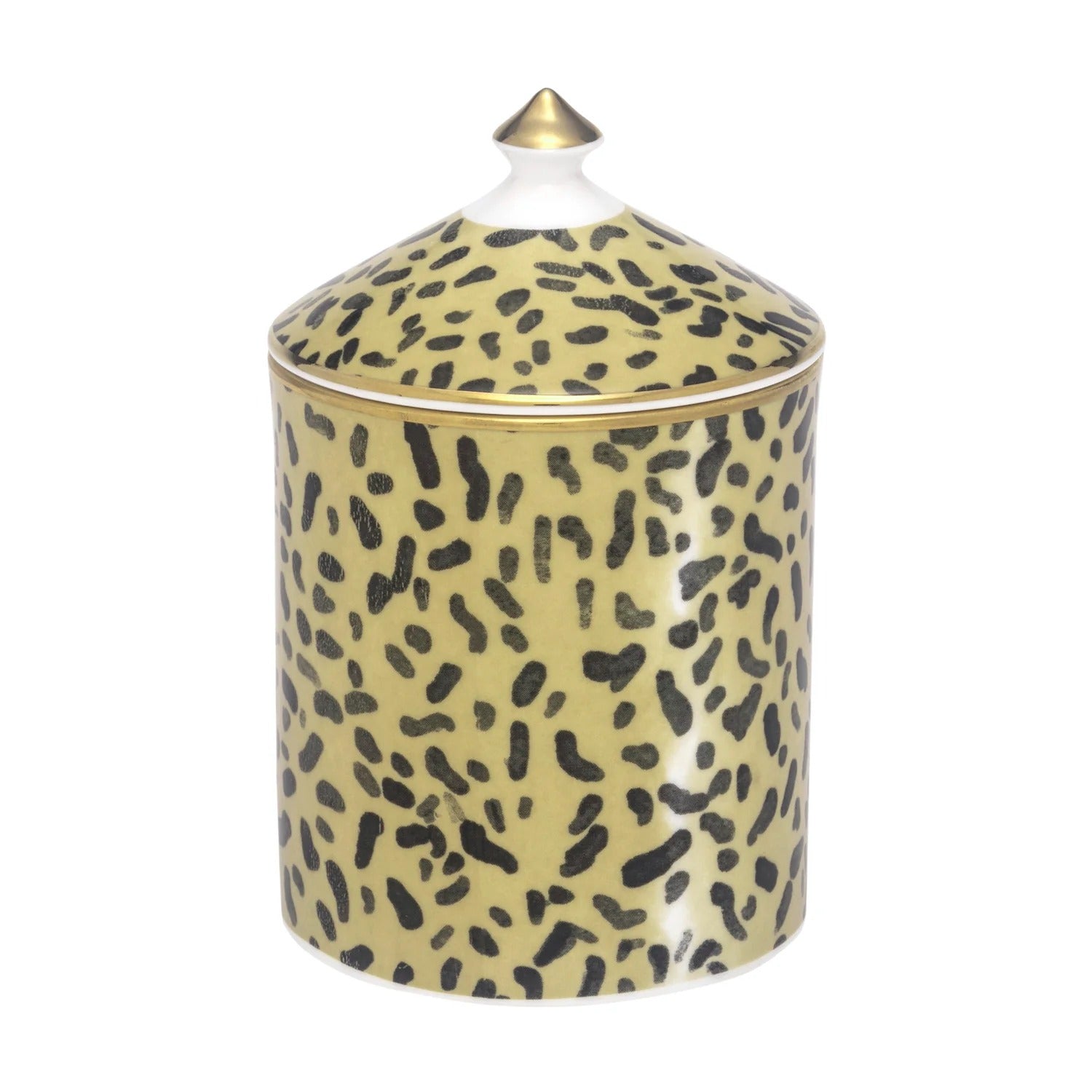Nina Campbell Halcyon Days Lidded Candle with leopard print closed against a white background