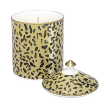 Nina Campbell Halcyon Days Lidded Candle with leopard print against a white background