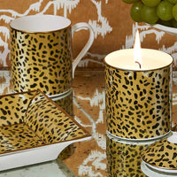 Nina Campbell Halcyon Days Lidded Candle with leopard print, leopard print mug and leopard print trinket tray