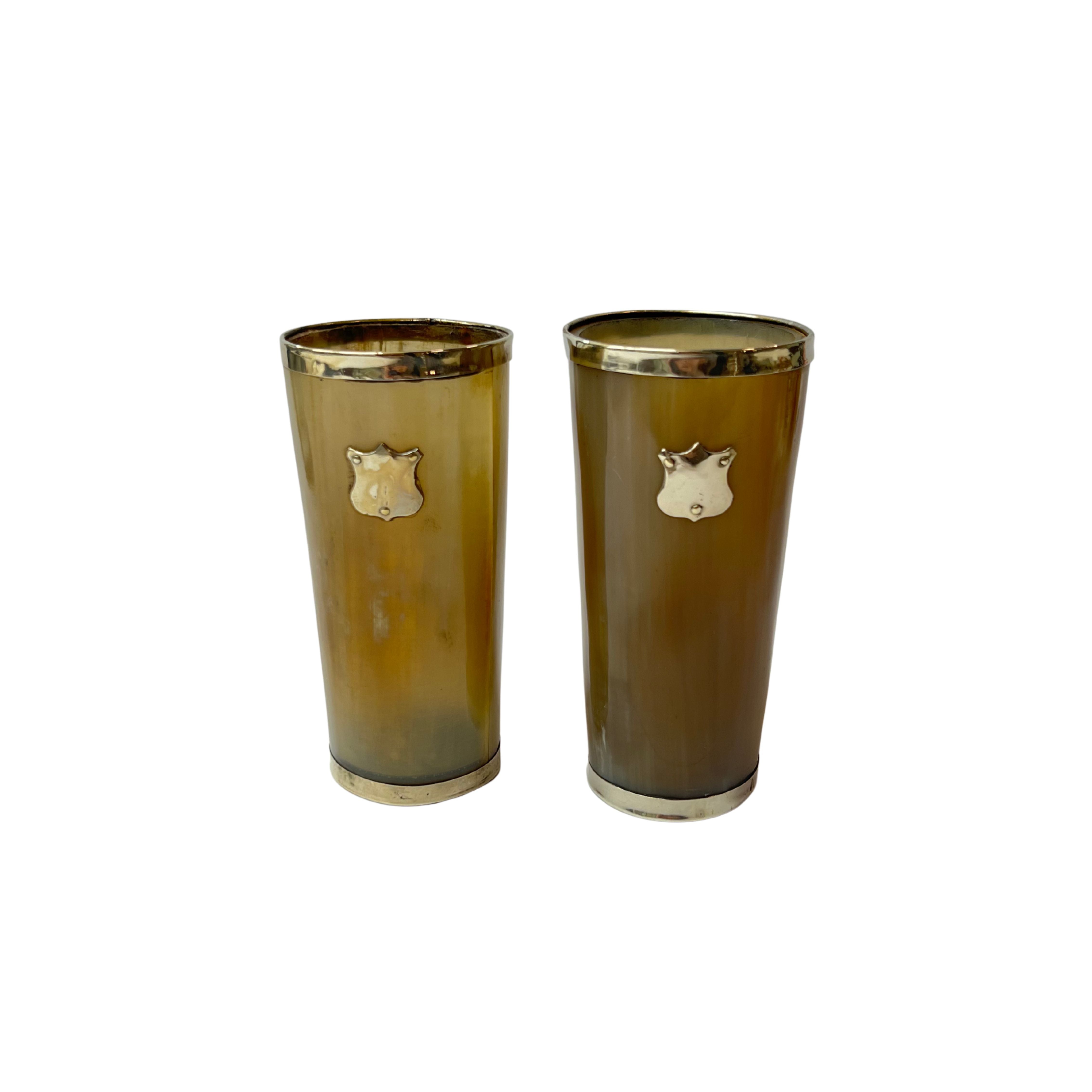 Antique Pair of Horn Beakers Silver Plated 20th Century