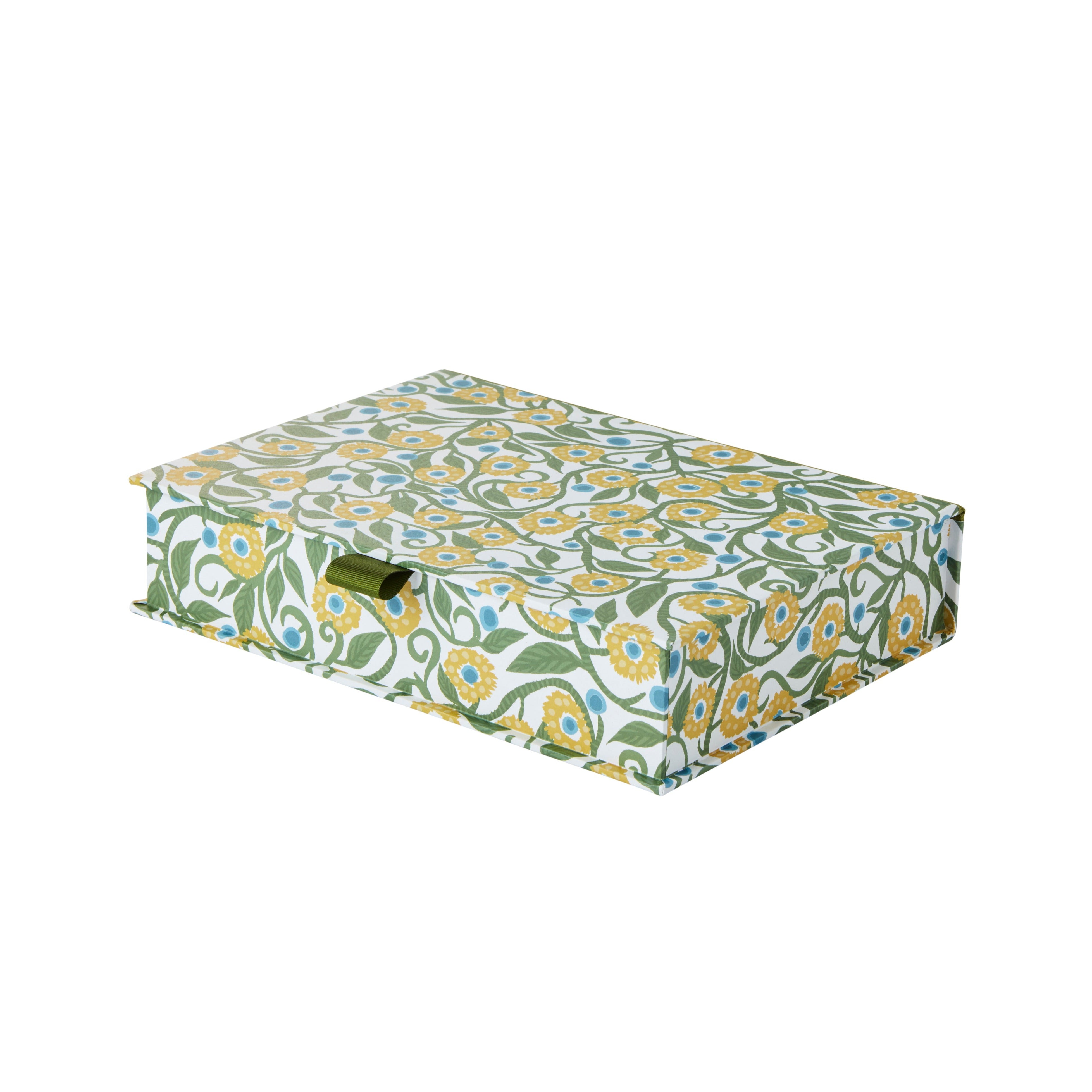 Nina Campbell A5 Keepsake Box in yellow and green colour way stationery collection on white background