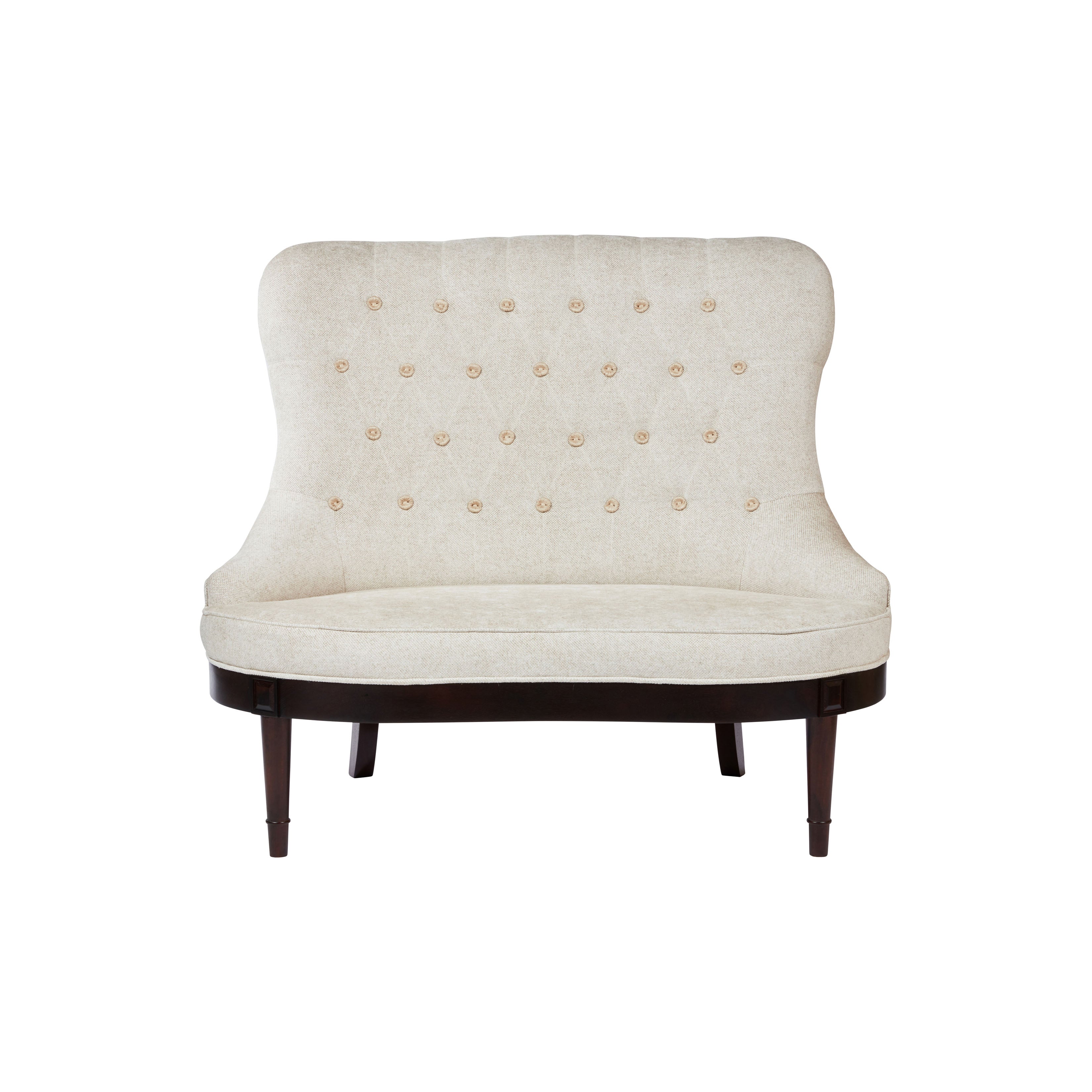 Nina Campbell Ava Love Bench with light fabric against a white background