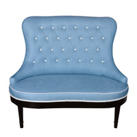 Nina Campbell Ava Love Bench in blue fabric against a white background