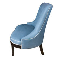 Nina Campbell Ava Love Bench in blue fabric side view against a white background