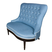 Nina Campbell Ava Love Bench in blue fabric angled view against a white background