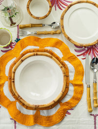Nina Campbell Ceramic plate with hand painted bamboo design on edge in brown in table setting