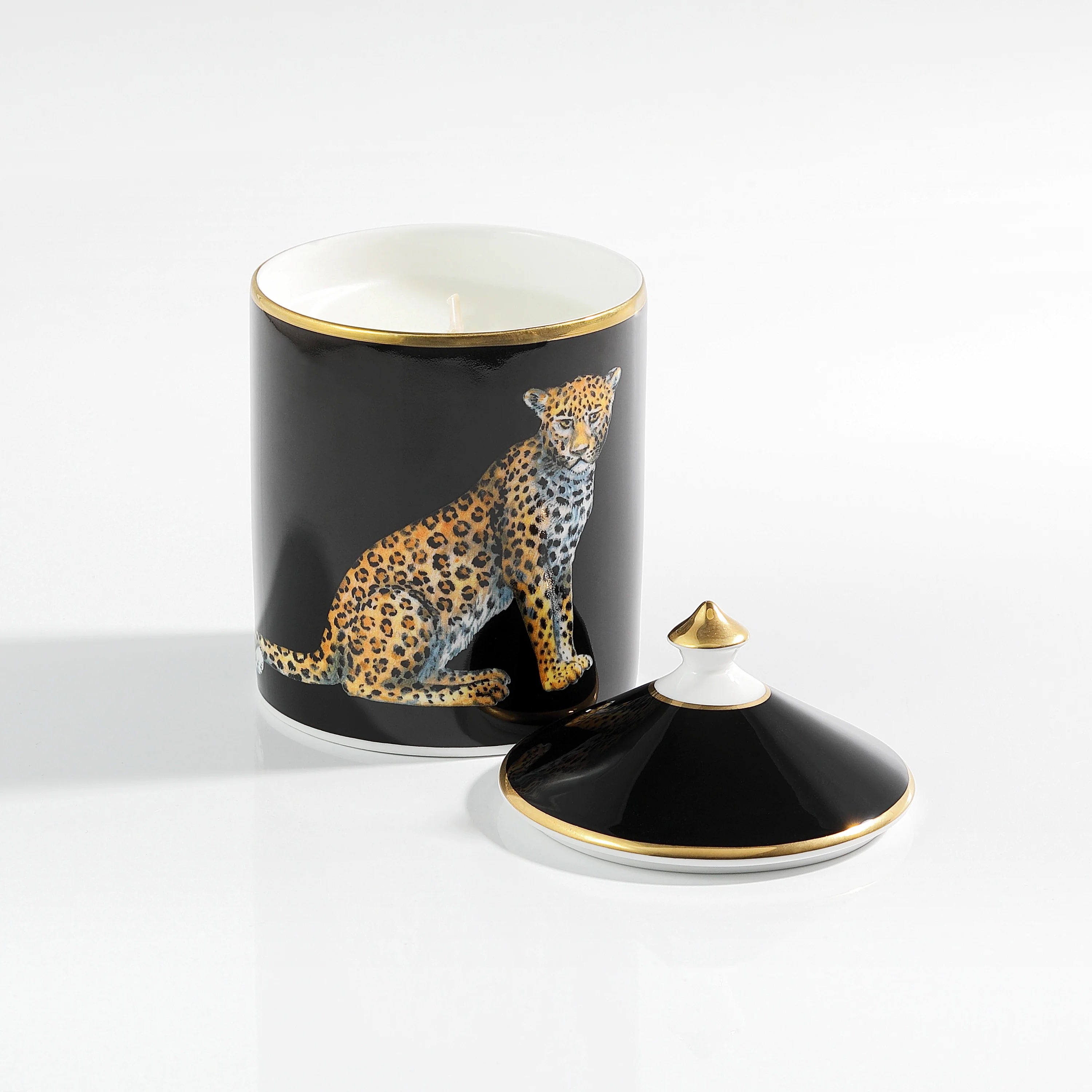 Nina Campbell Halcyon Days Leopard Black Jasmine uncovered Lidded Candle on white background