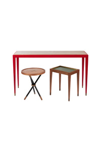 Nina Campbell Gerome Console - Leather Wrapped & Walnut Top against white background with Button table and Sidney End Table