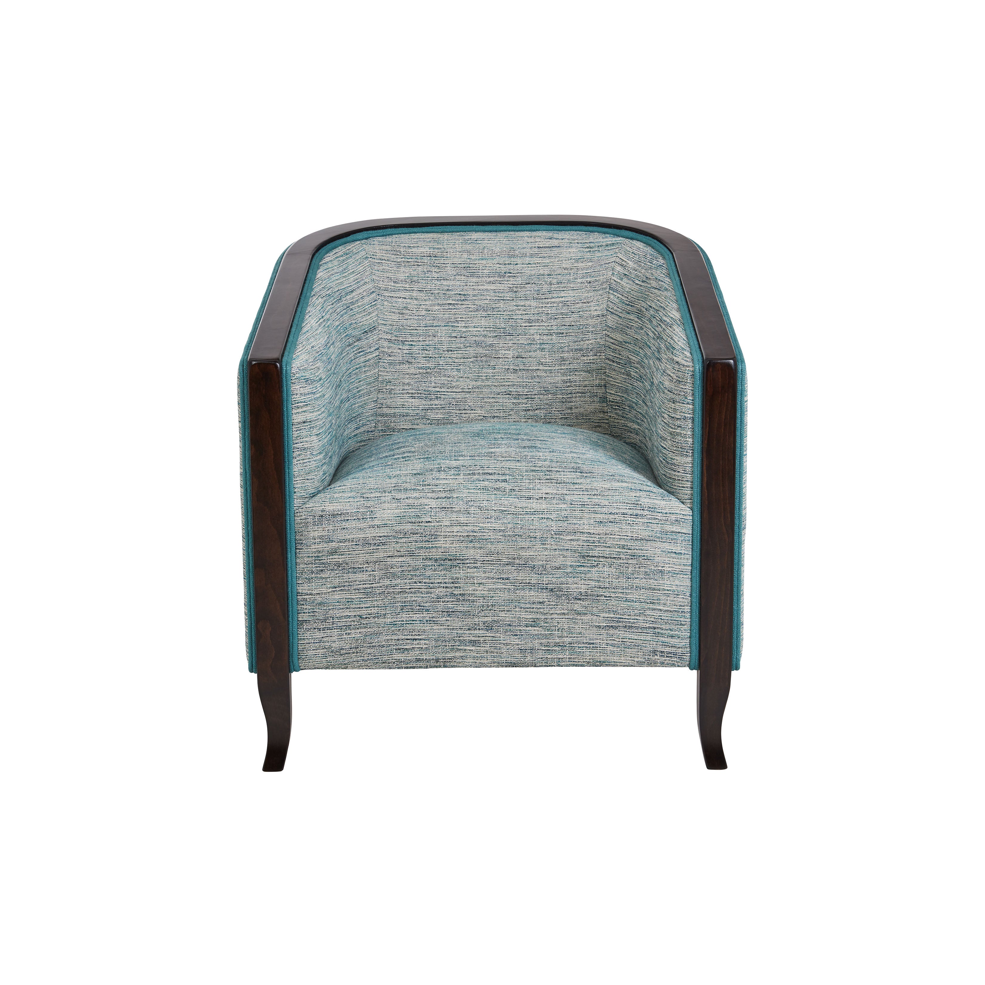 Nina Campbell Brewster Tub Chair in Blue Fabric against a white background
