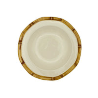 Nina Campbell ceramic pasta bowl with hand painted bamboo design on edge in brown against a white background