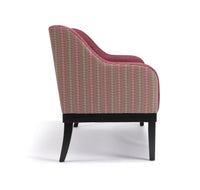 Nina Campbell Chopin Bench in a patterned fabric against a white background side view