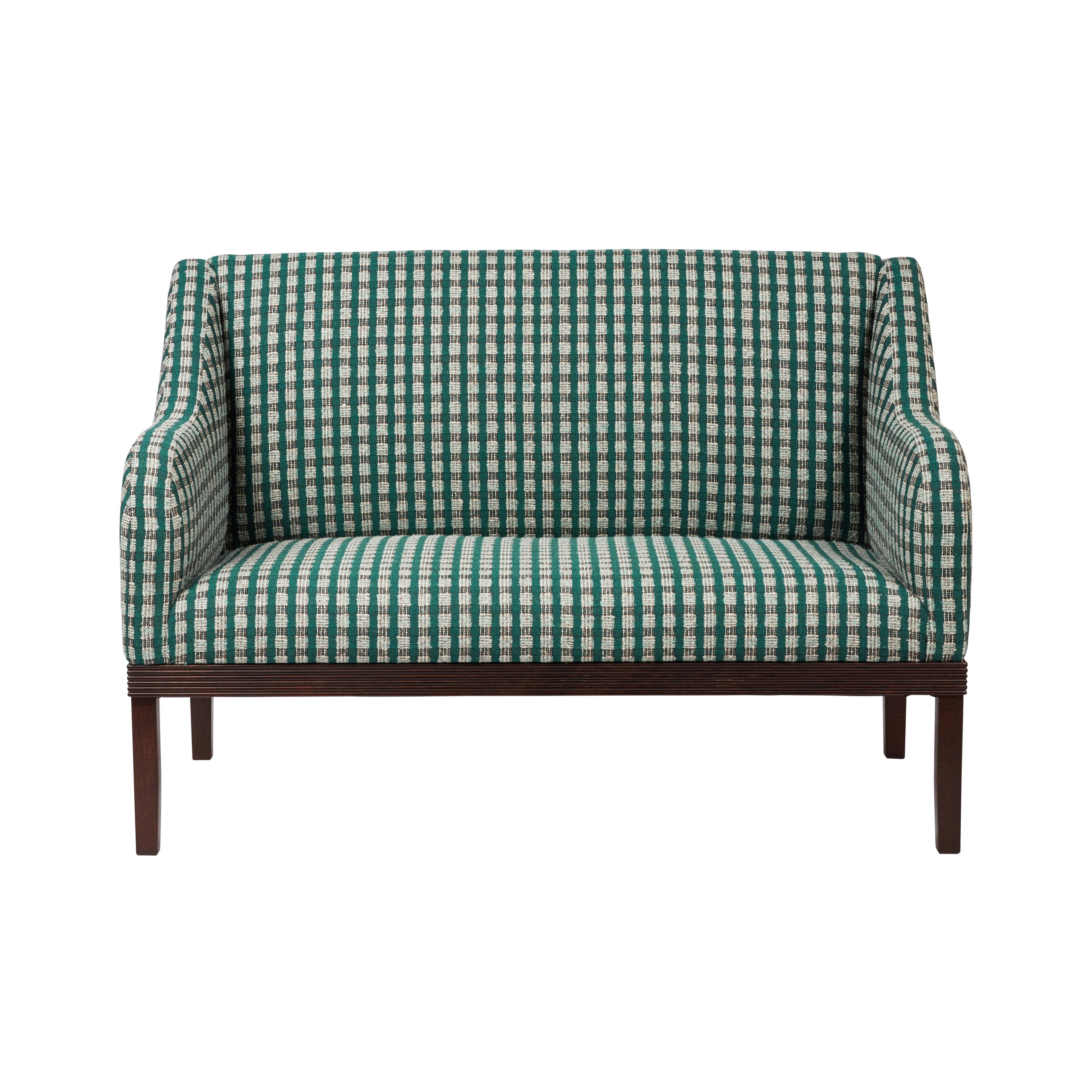 Nina Campbell Chopin Bench in teal chequered fabric against a white background