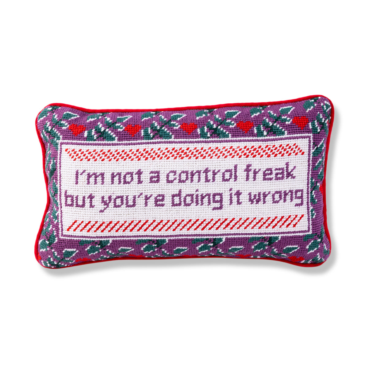 Nina Campbell Needlepoint Cushion Control Freak  against a white background
