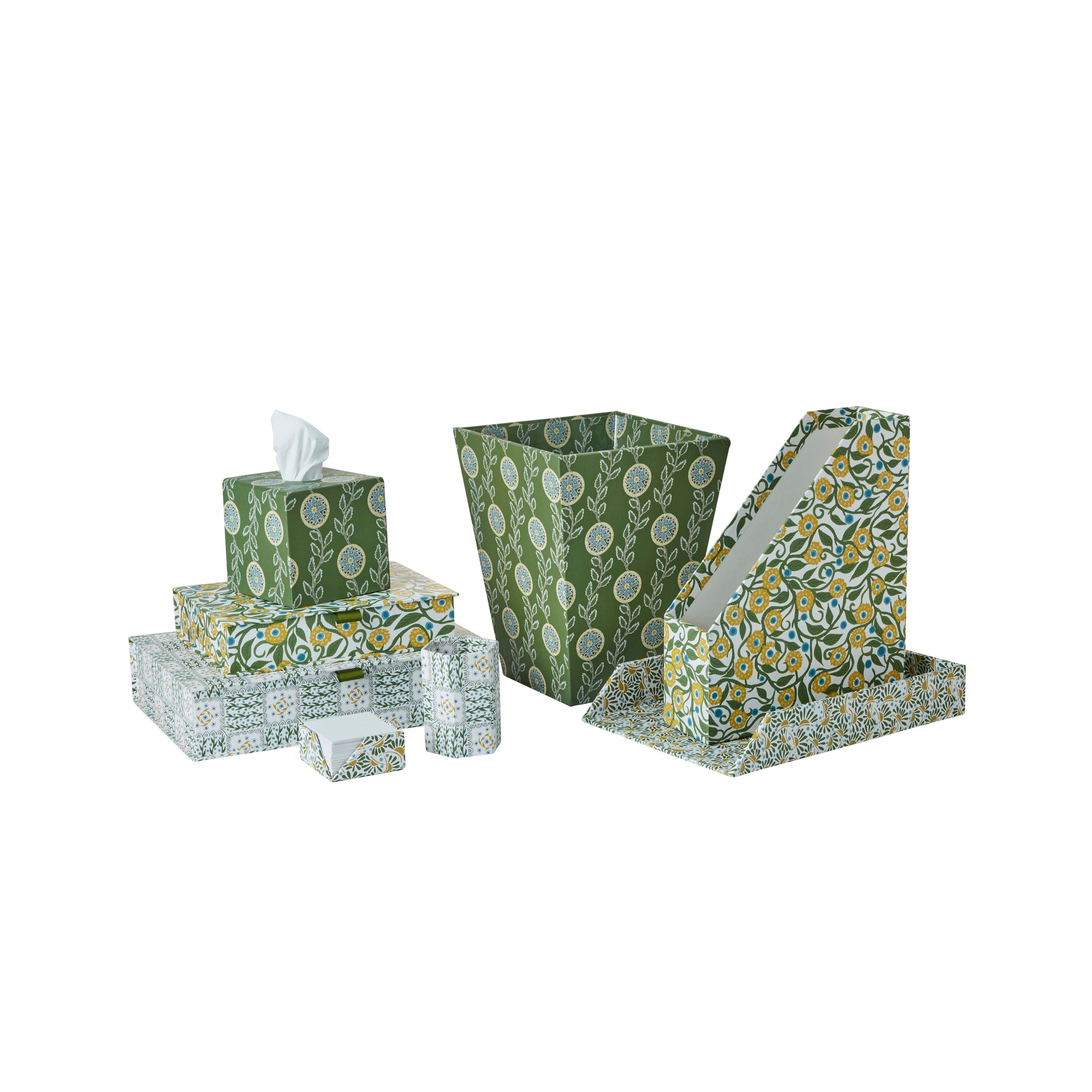 Nina Campbell green and yellow stationery collection on white background