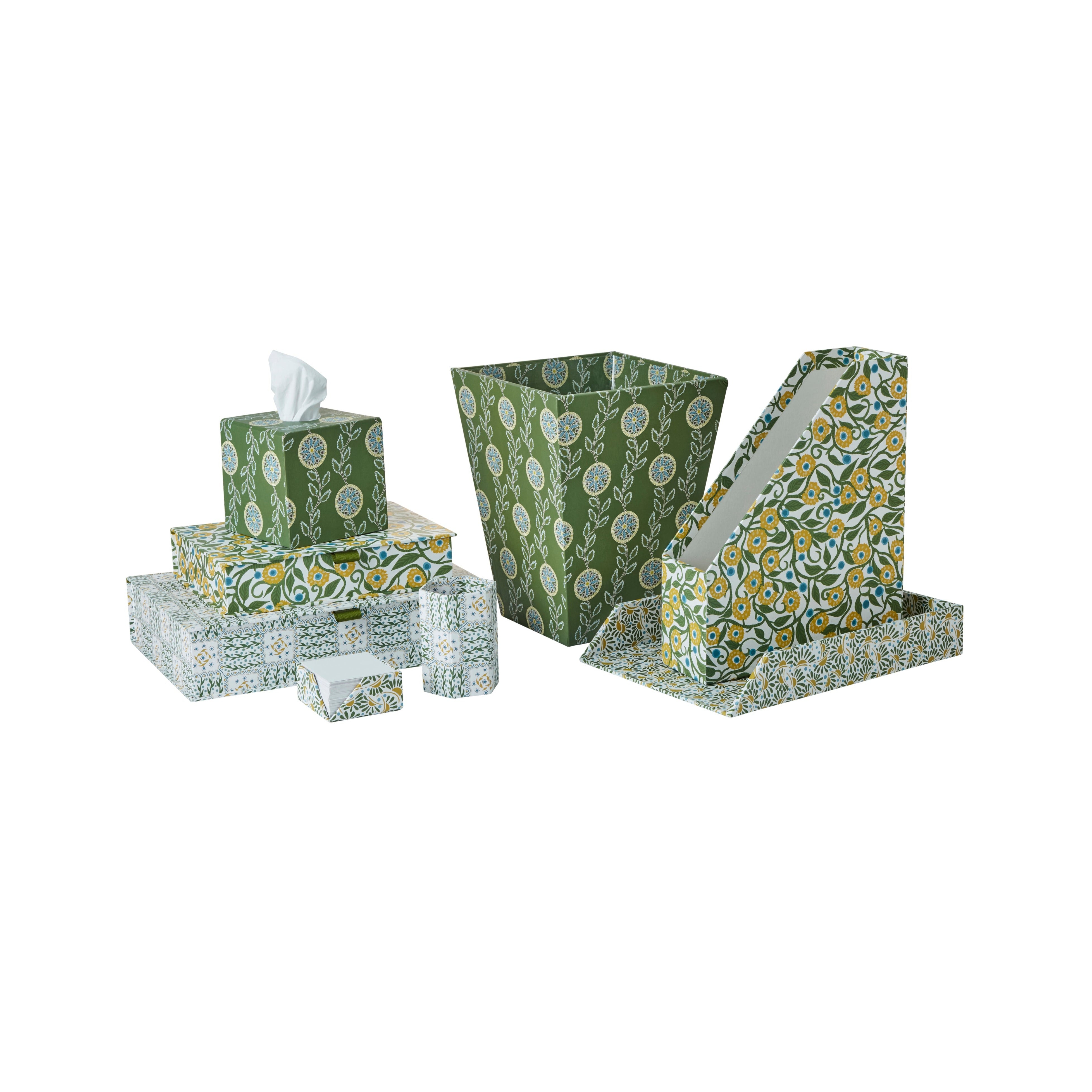 Nina Campbell yellow and green stationery collection on white background