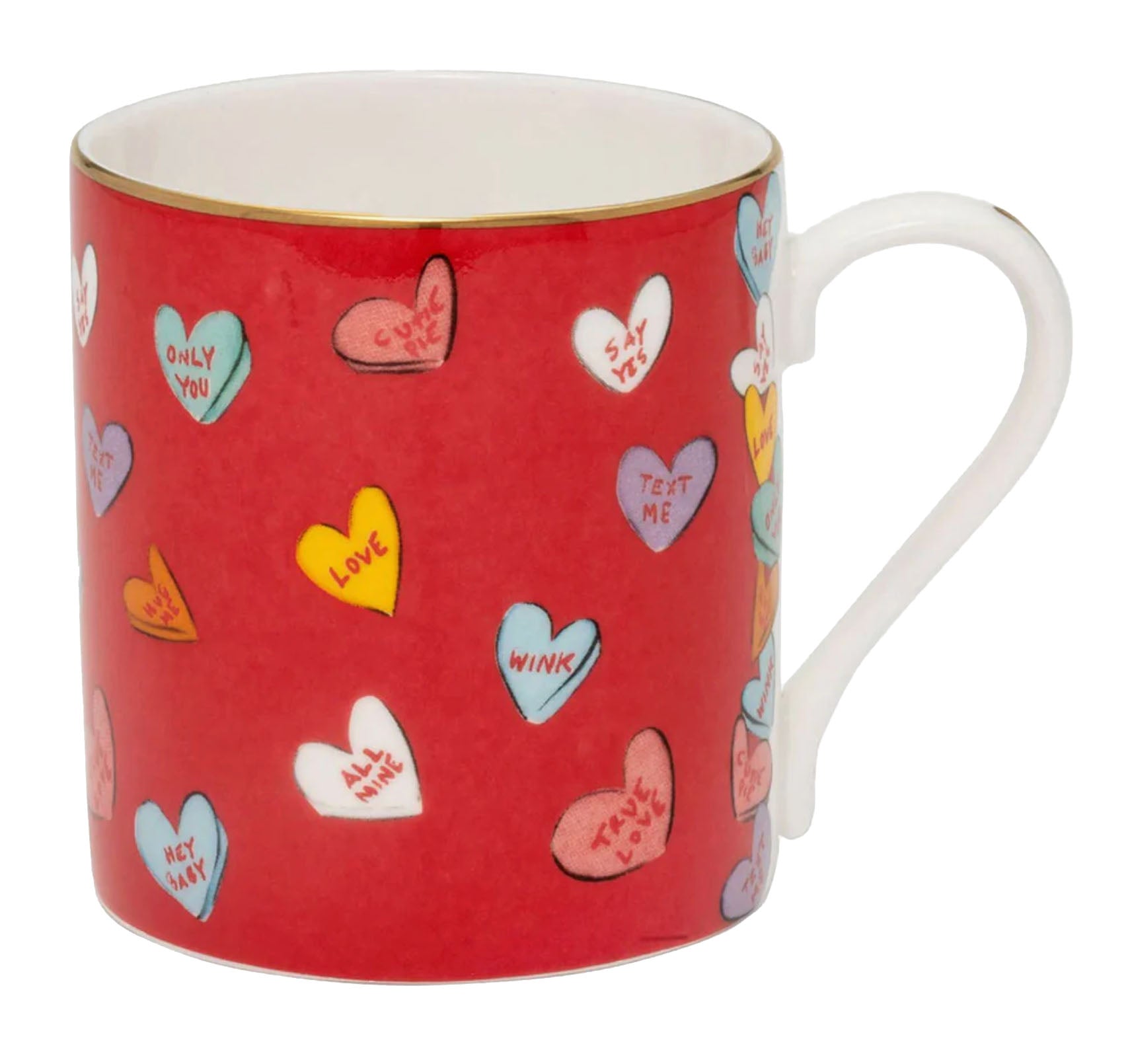 Nina Campbell x Halcyon Days red Mug with hearts stamped all over on white background