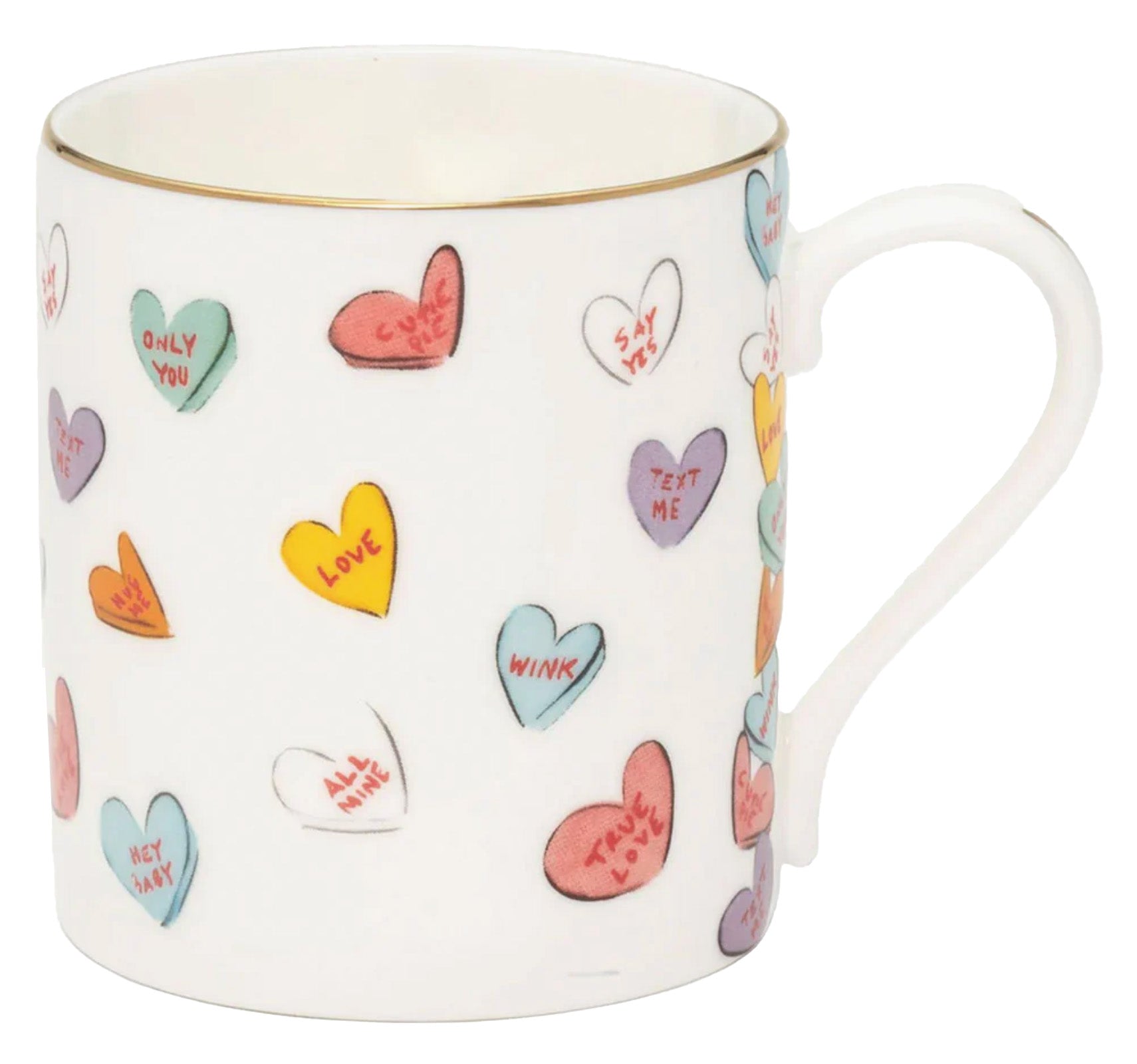 Nina Campbell x Halcyon Days white Mug with hearts stamped all over on white background