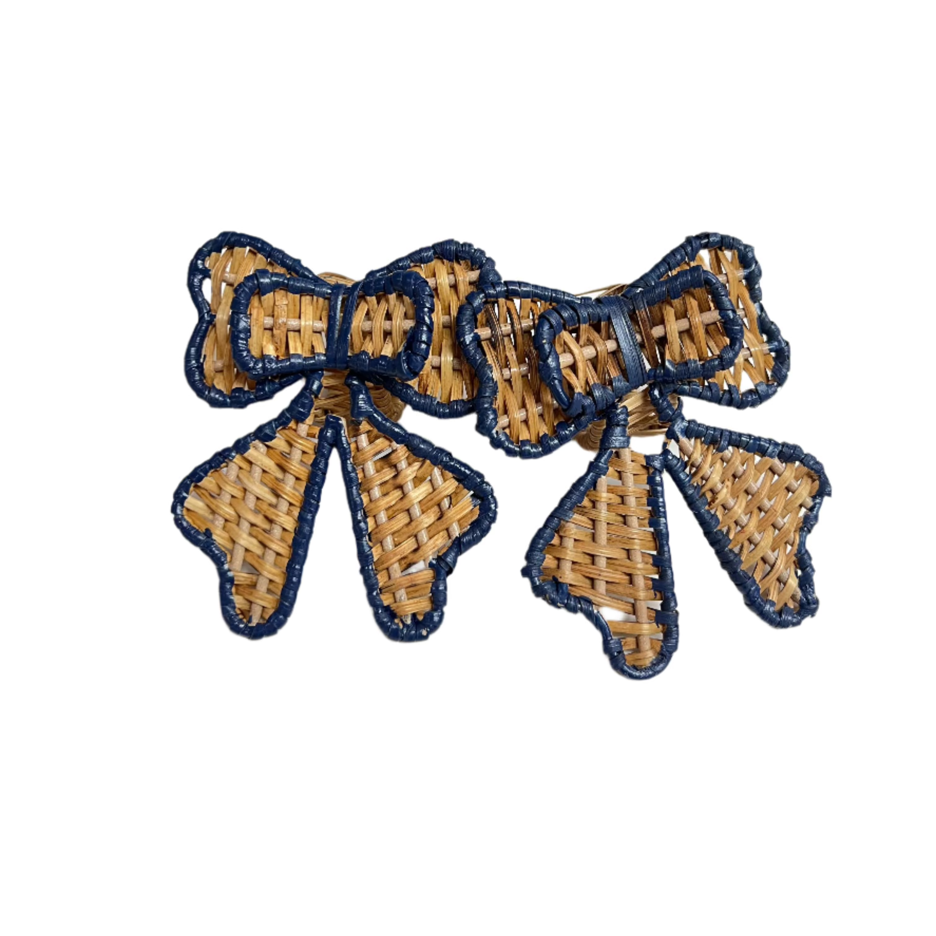 bow napkin rings in blue on white background