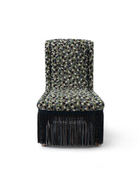 Nina Campbell Isabella Chair in orford fabric and fringes against a white background