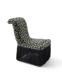 Nina Campbell Isabella Chair in orford fabric and fringes against a white background angled shot