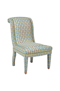 Nina Campbell Isabella Chair in Fontainebleu Green and blue fabric against a white background angled shot