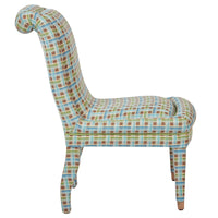 Nina Campbell Isabella Chair in Fontainebleu Green and blue fabric against a white background side shot