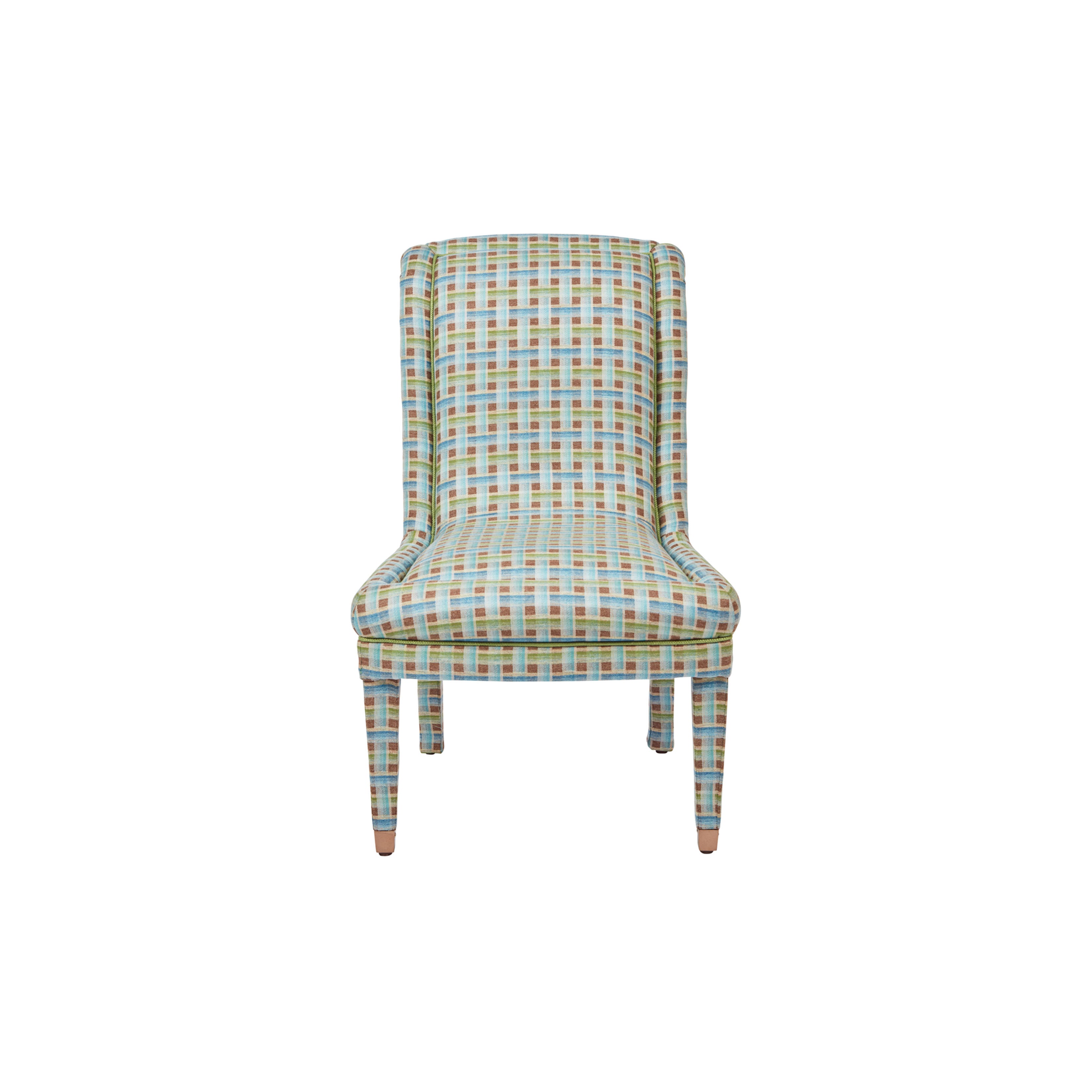 Nina Campbell Isabella Chair in Fontainebleu Green and blue fabric against a white background