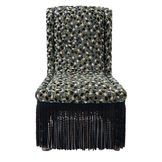 Nina Campbell Isabella Chair in orford fabric and fringes against a white background