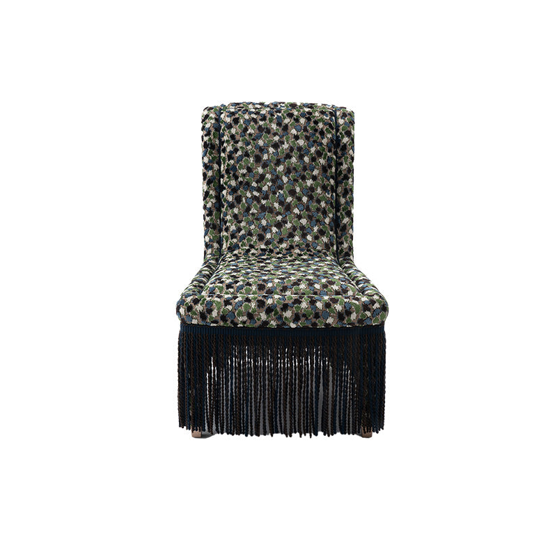 Nina Campbell Isabella Chair in orford fabric and fringes against a white background