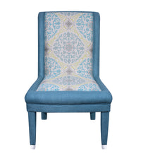 Nina Campbell Isabella Chair in two fabrics in blue tones against a white background