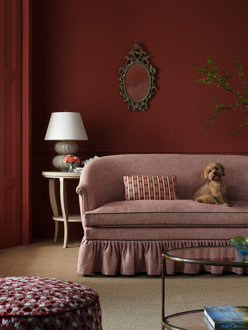 Nina Campbell Jessie Sofa in Lavani Pink Fabric in a room set with Nina Campbell Massanet Lamp Table, Pagoda Oval Coffee Table and Juliet Mirror