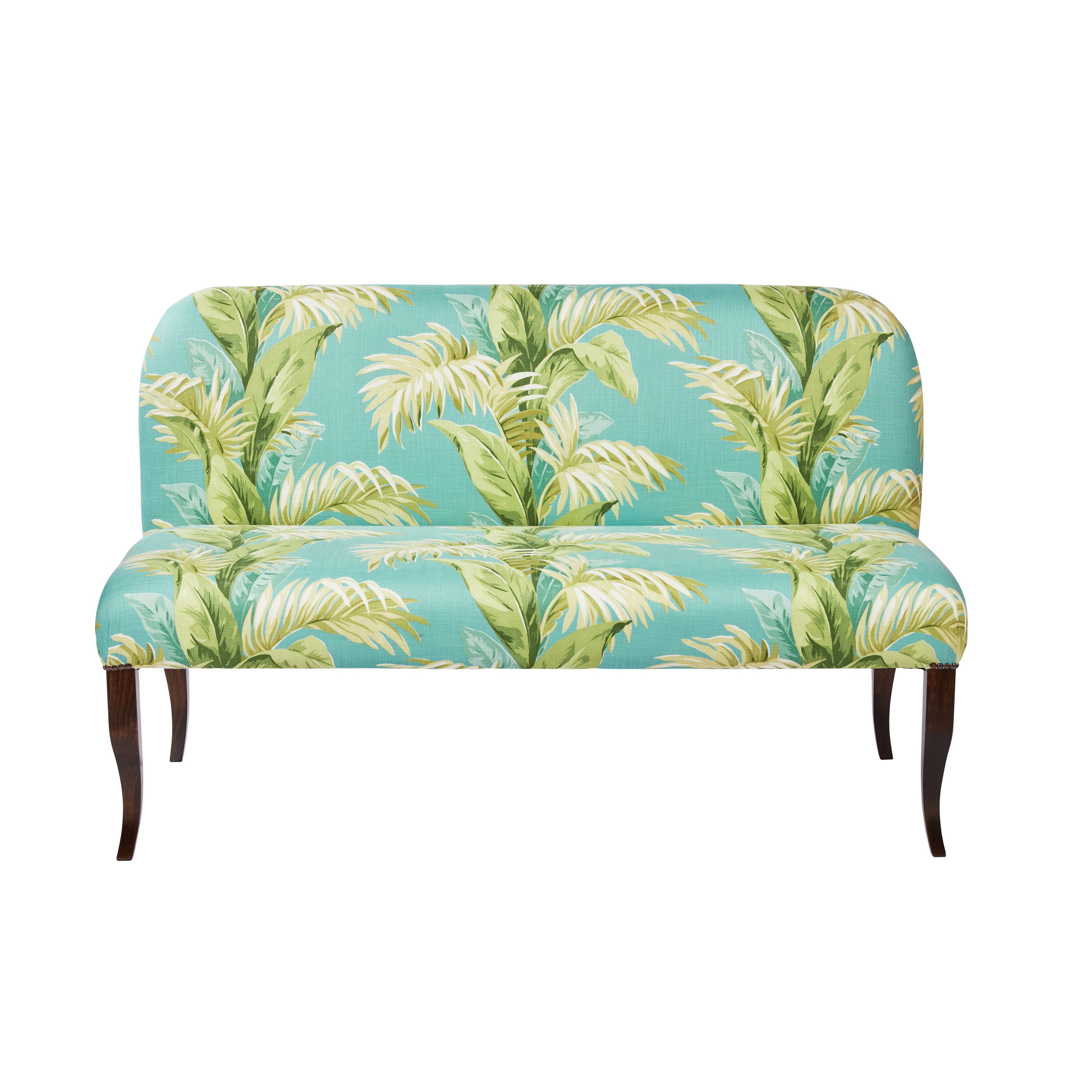Nina Campbell Lehmann Bench in Palmetto Green and Blue Fabric against a white background