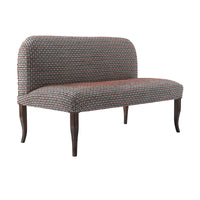 Nina Campbell Lehmann Bench in Chiddingstone Fabric in blue and red against a white background angled photo