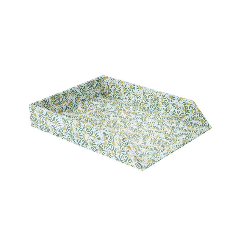 Nina Campbell letter tray in yellow and green colour way stationery collection on white background