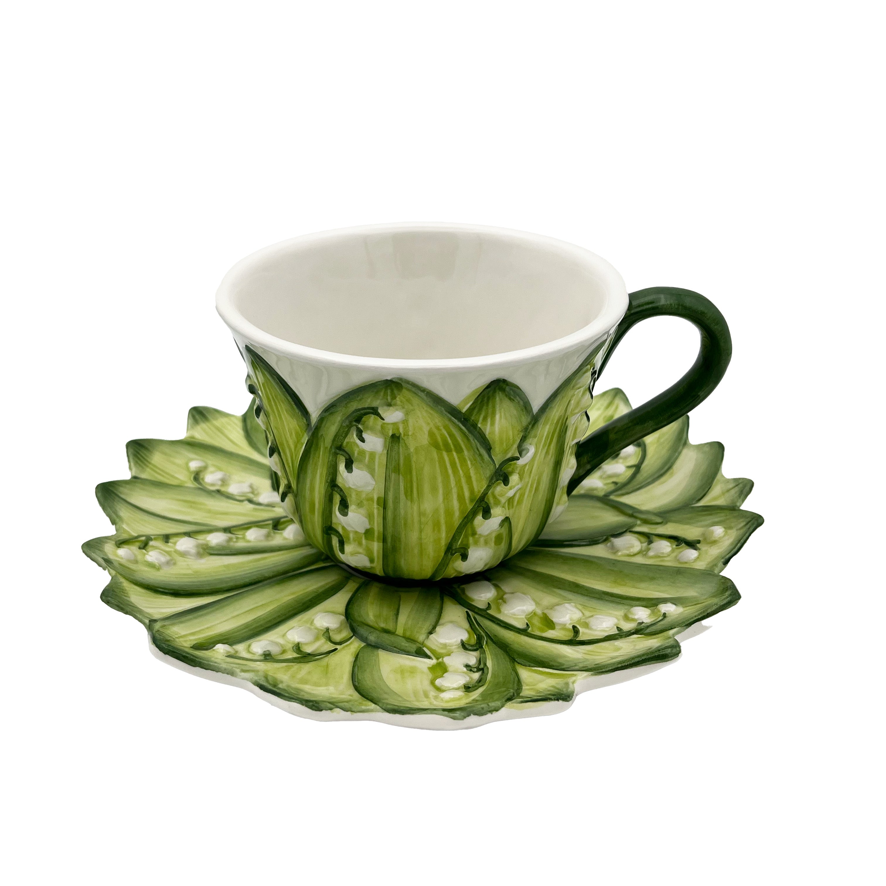 Nina Campbell ceramic tea cup and saucer with hand painted lily of the valley design